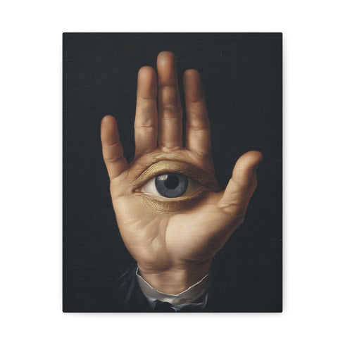 A high-contrast matte canvas print featuring a surrealist artwork. Centered against a dark, textured charcoal background, a realistic, pale hand is held up, palm forward. Embedded in the center of the palm is a detailed, light blue human eye, looking directly at the viewer. The hand emerges from a formal, dark suit cuff with a white ruffled sleeve, adding a touch of vintage, academic style. The overall mood is mysterious, gothic, and scholarly, suitable for dark academia or maximalist decor.